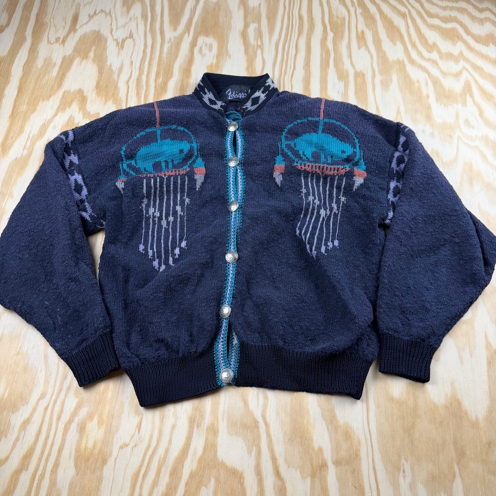 Vintage Felizzi! Navy Blue Southwestern Buffalo Nickel Button Cardigan Sweater